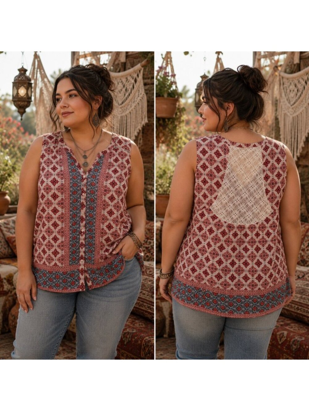 Westport 1962 Red & Blue Button-Down Tank Top Lace Back Panel Womens Sz 2X BOHO